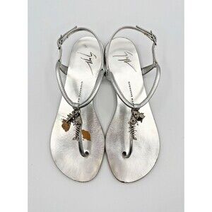 Giuseppe Zanotti Silver T-Strap Sandals w/ Fish Bone Charm Accent Hollie EU 35